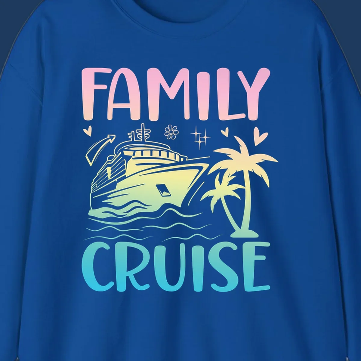 Family cruise vacation design with colorful gradient cruise ship, palm trees, ocean waves, hearts and sparkles illustration