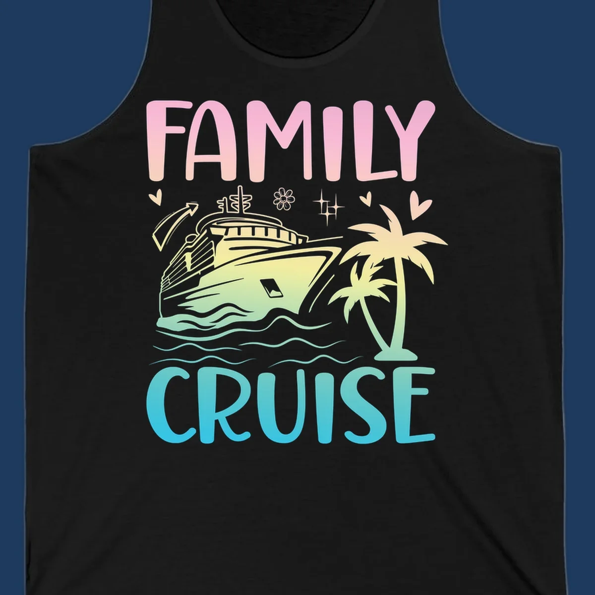 Family cruise vacation design with colorful gradient cruise ship, palm trees, ocean waves, hearts and sparkles illustration