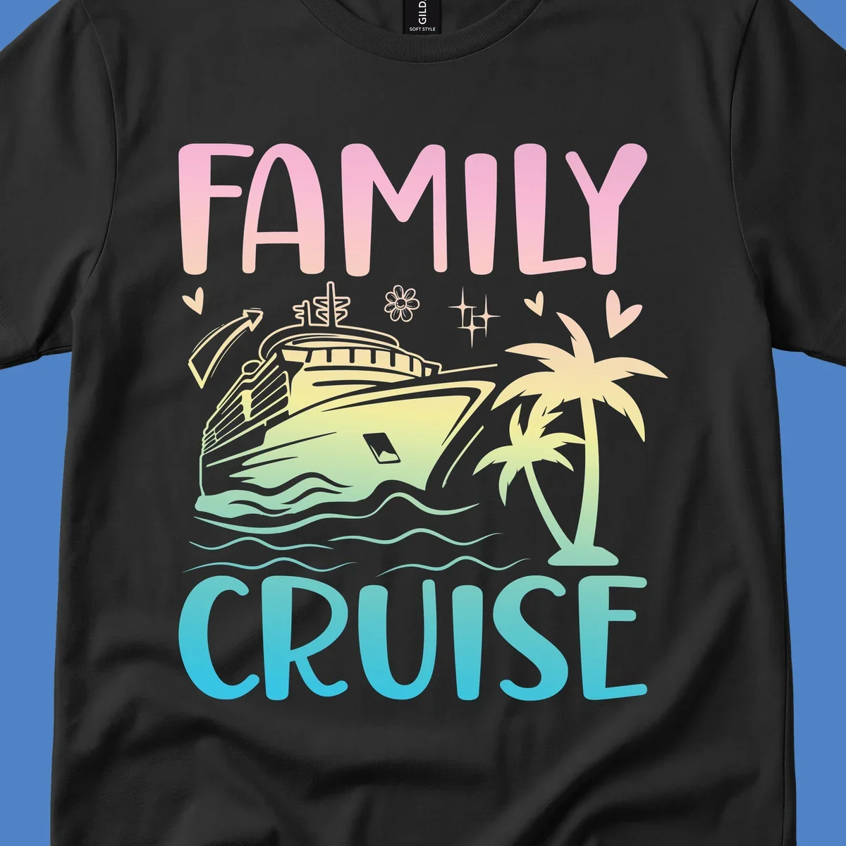 Family cruise vacation design with colorful gradient cruise ship, palm trees, ocean waves, hearts and sparkles illustration