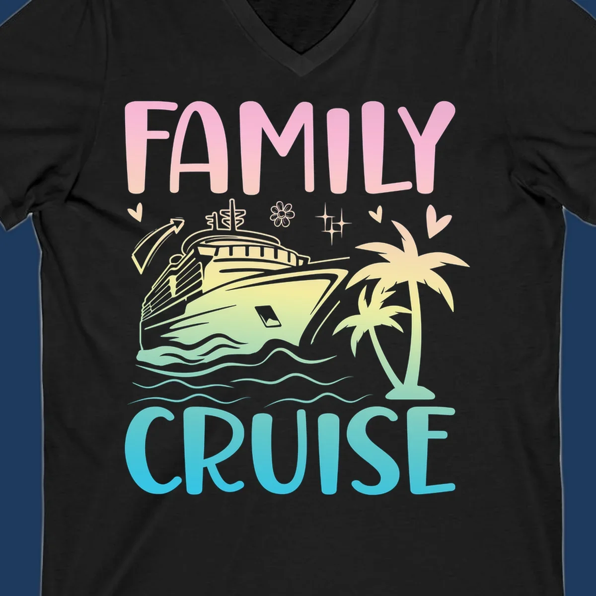 Family cruise vacation design with colorful gradient cruise ship, palm trees, ocean waves, hearts and sparkles illustration