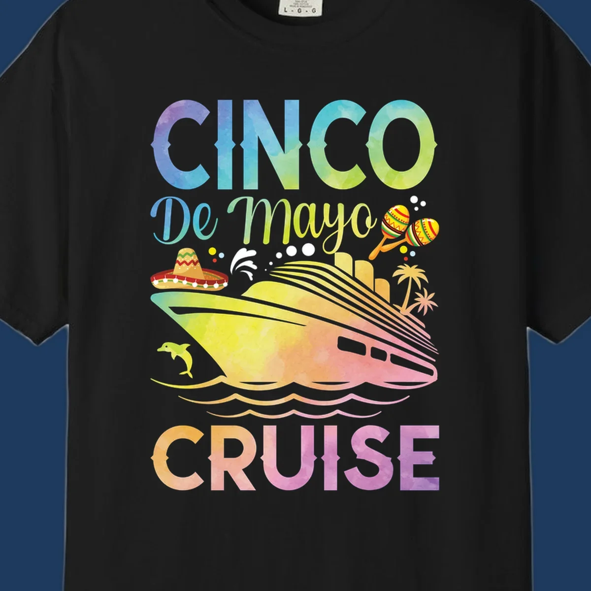 Colorful cinco de mayo cruise design with ship, sombrero, maracas, dolphins and palm trees in gradient rainbow colors