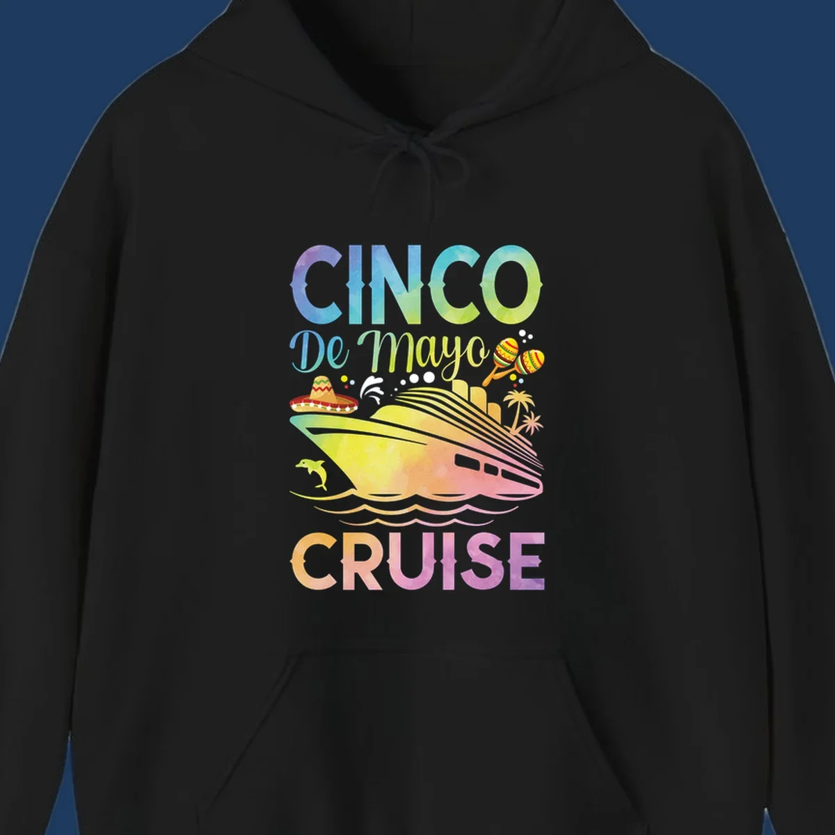Colorful cinco de mayo cruise design with ship, sombrero, maracas, dolphins and palm trees in gradient rainbow colors
