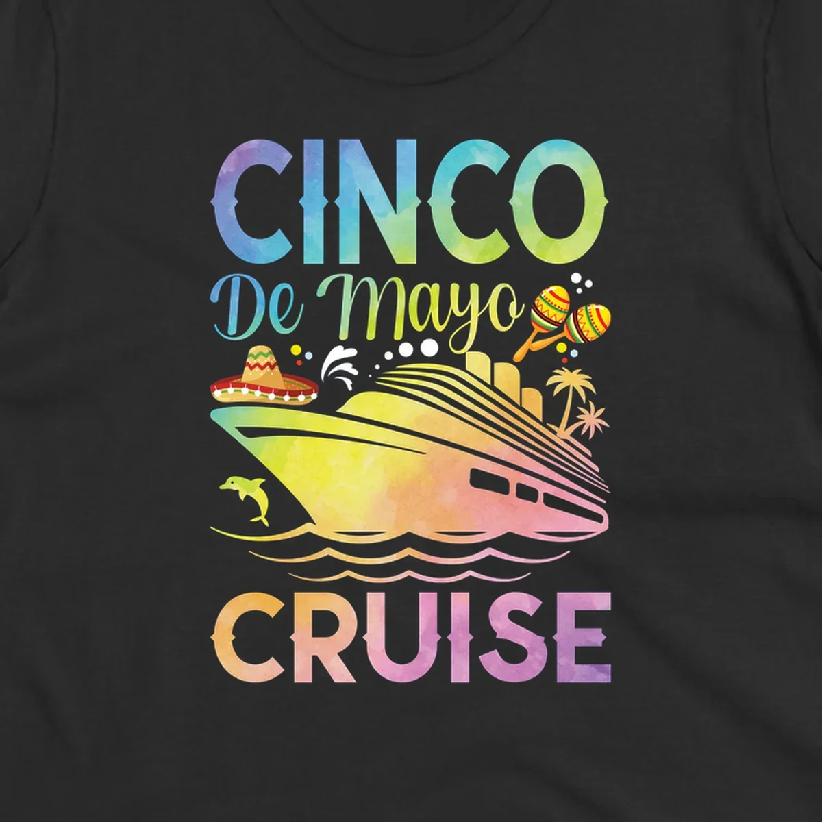 Colorful cinco de mayo cruise design with ship, sombrero, maracas, dolphins and palm trees in gradient rainbow colors