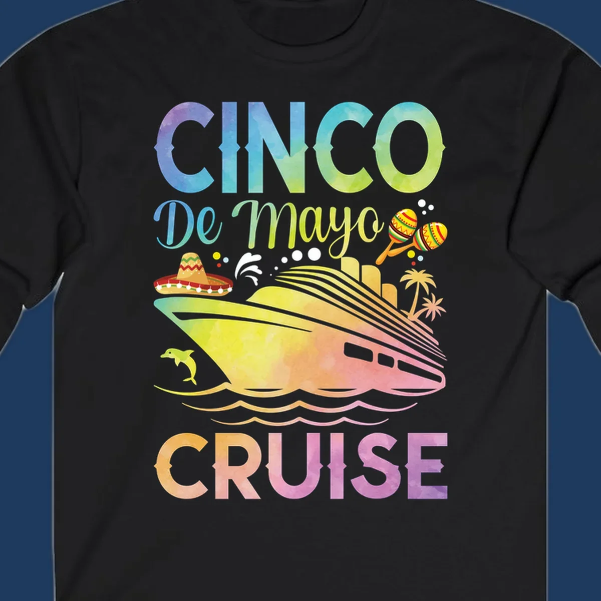 Colorful cinco de mayo cruise design with ship, sombrero, maracas, dolphins and palm trees in gradient rainbow colors