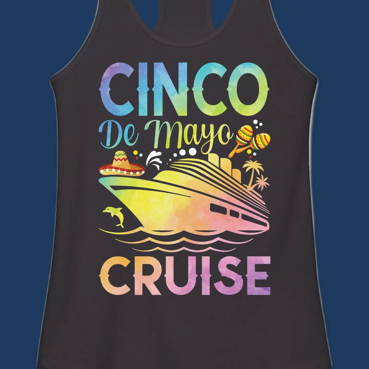 Colorful cinco de mayo cruise design with ship, sombrero, maracas, dolphins and palm trees in gradient rainbow colors
