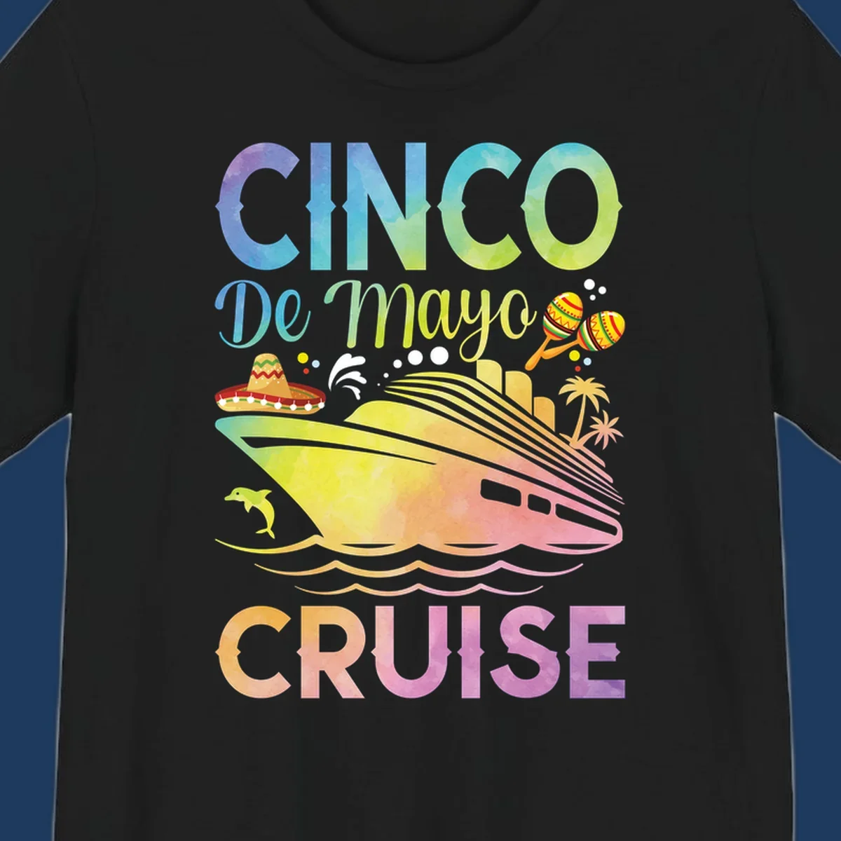 Colorful cinco de mayo cruise design with ship, sombrero, maracas, dolphins and palm trees in gradient rainbow colors