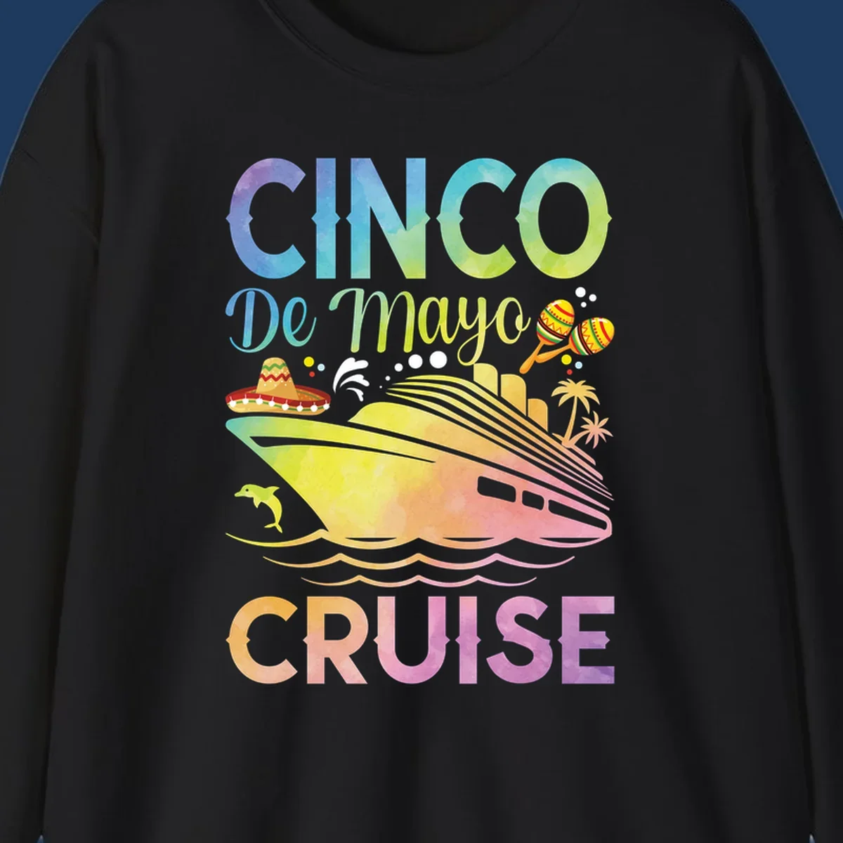 Colorful cinco de mayo cruise design with ship, sombrero, maracas, dolphins and palm trees in gradient rainbow colors