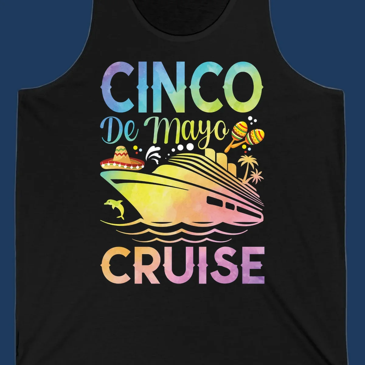 Colorful cinco de mayo cruise design with ship, sombrero, maracas, dolphins and palm trees in gradient rainbow colors