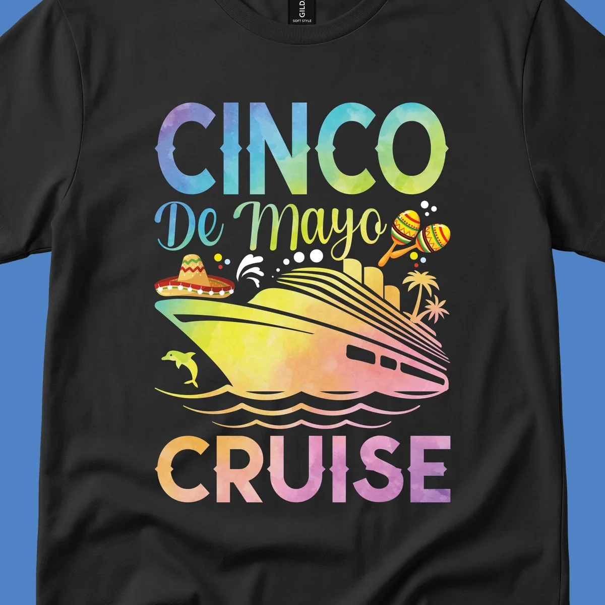 Colorful cinco de mayo cruise design with ship, sombrero, maracas, dolphins and palm trees in gradient rainbow colors