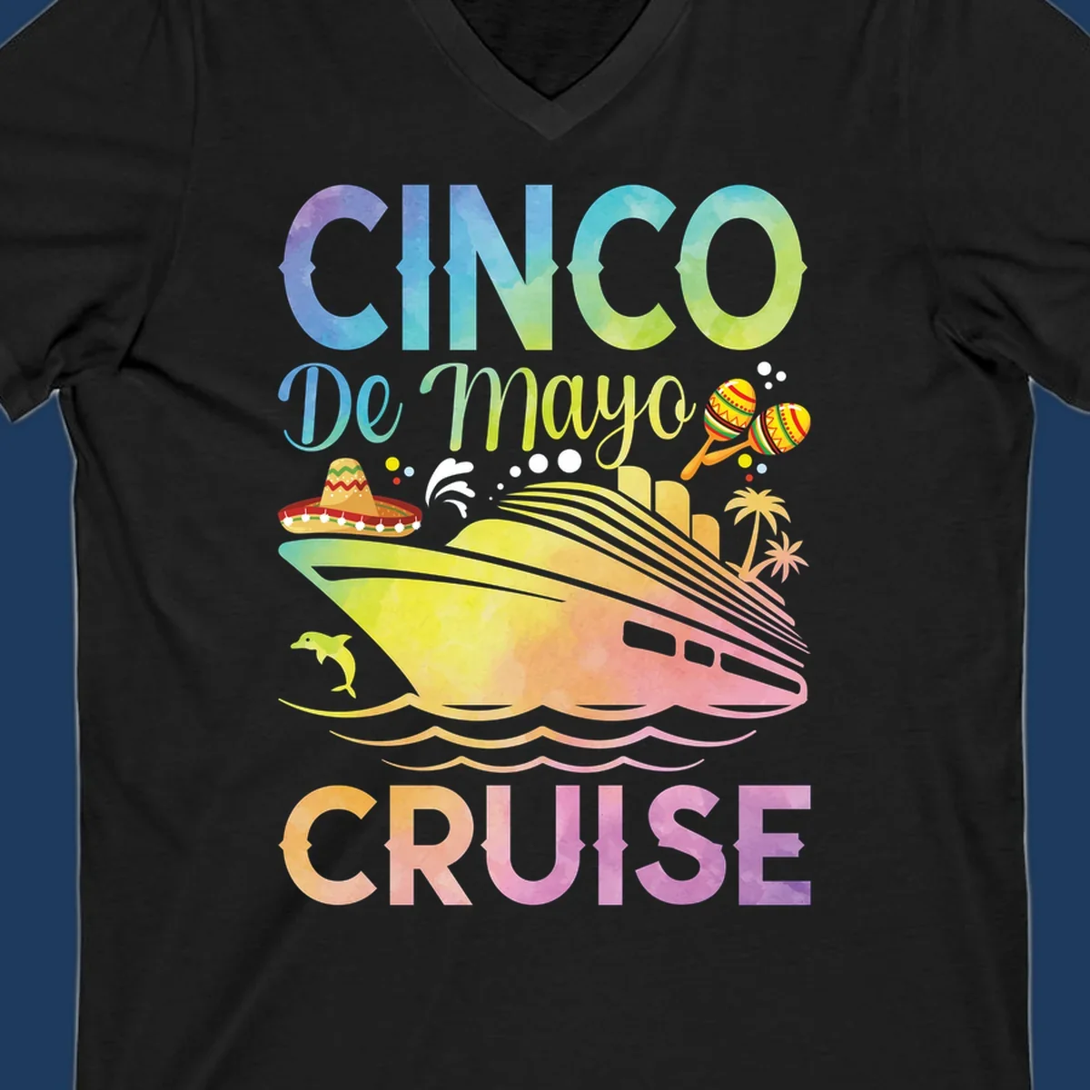 Colorful cinco de mayo cruise design with ship, sombrero, maracas, dolphins and palm trees in gradient rainbow colors