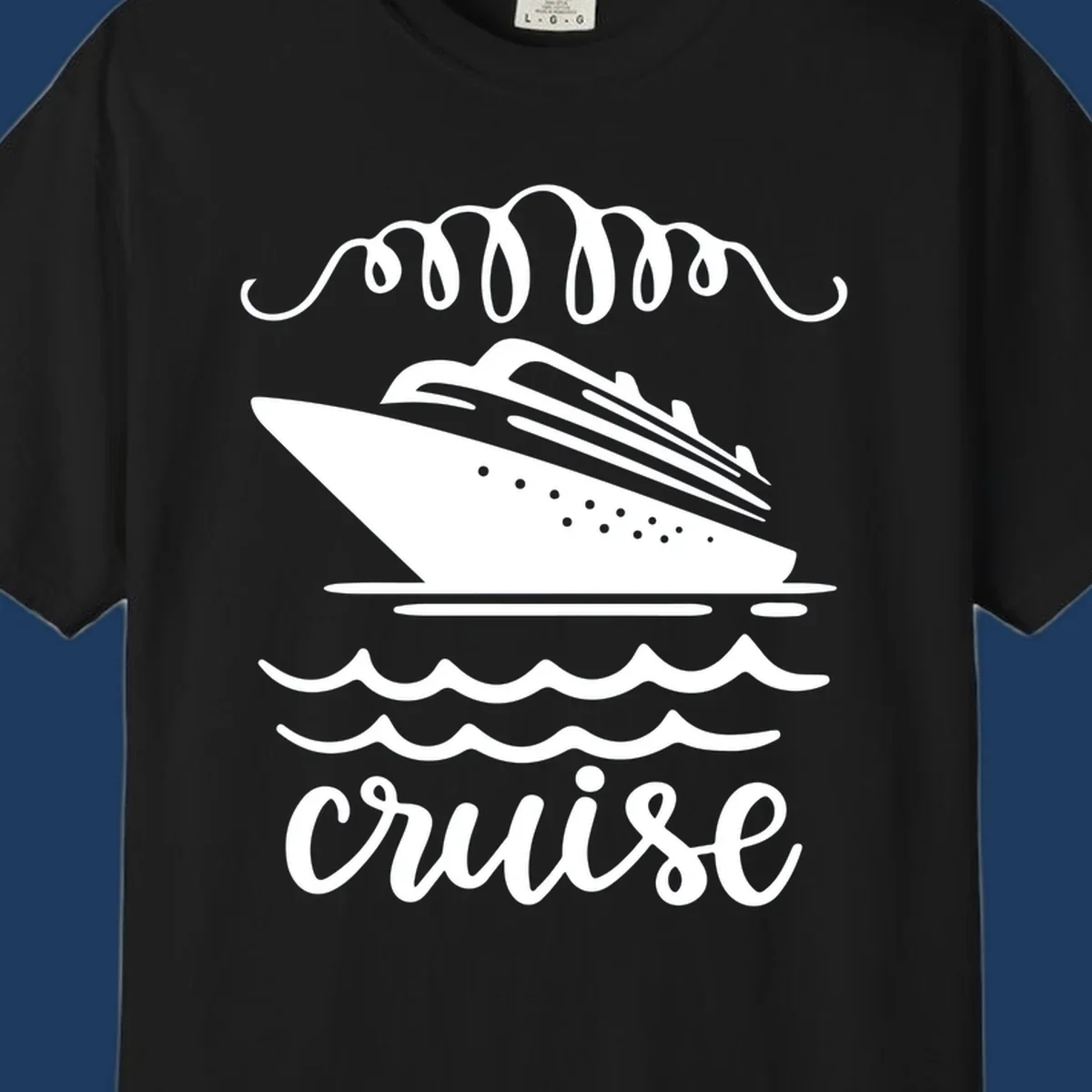 Cruise ship with ocean waves and decorative flourishes in white line art style with 'Cruise' text