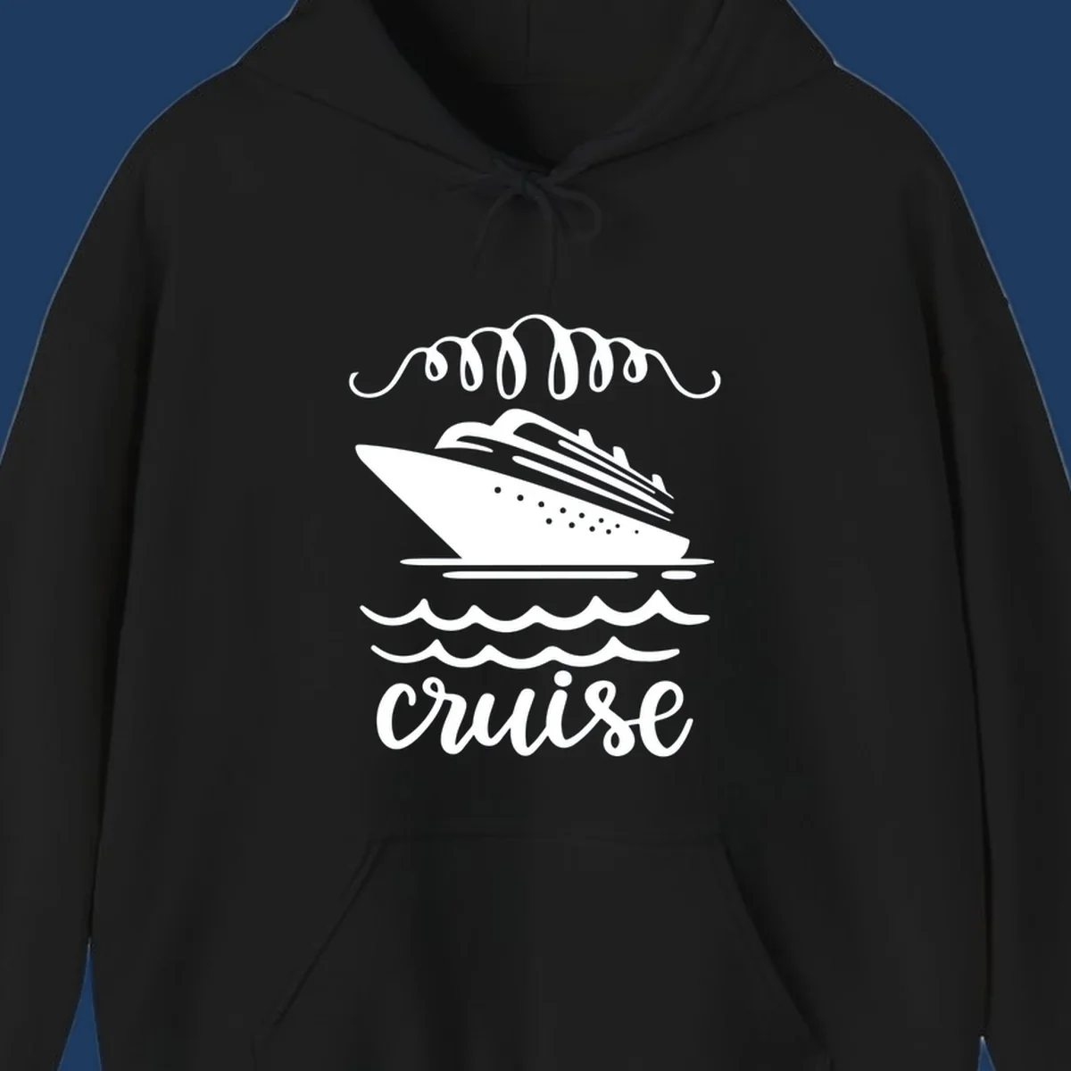 Cruise ship with ocean waves and decorative flourishes in white line art style with 'Cruise' text
