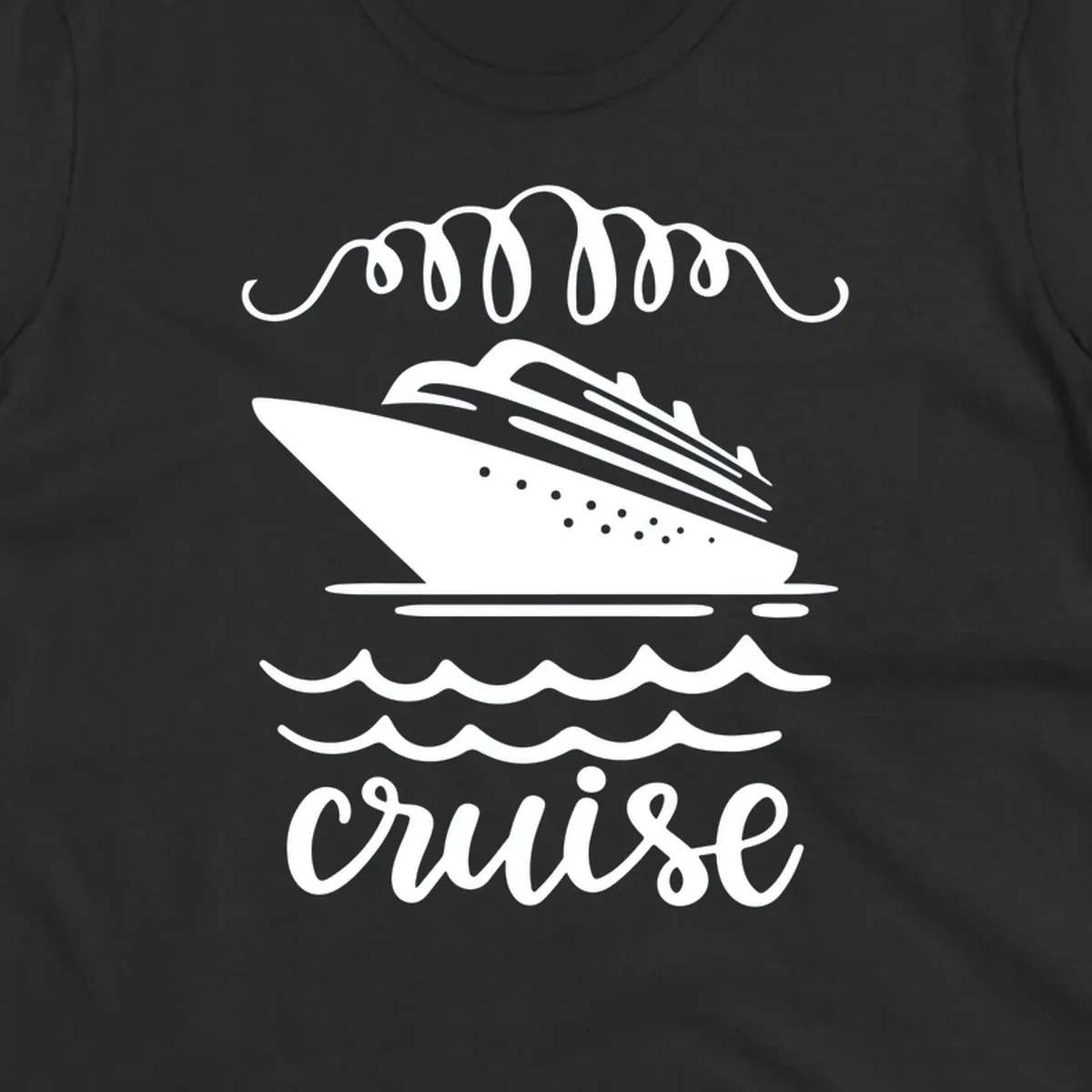 Cruise ship with ocean waves and decorative flourishes in white line art style with 'Cruise' text