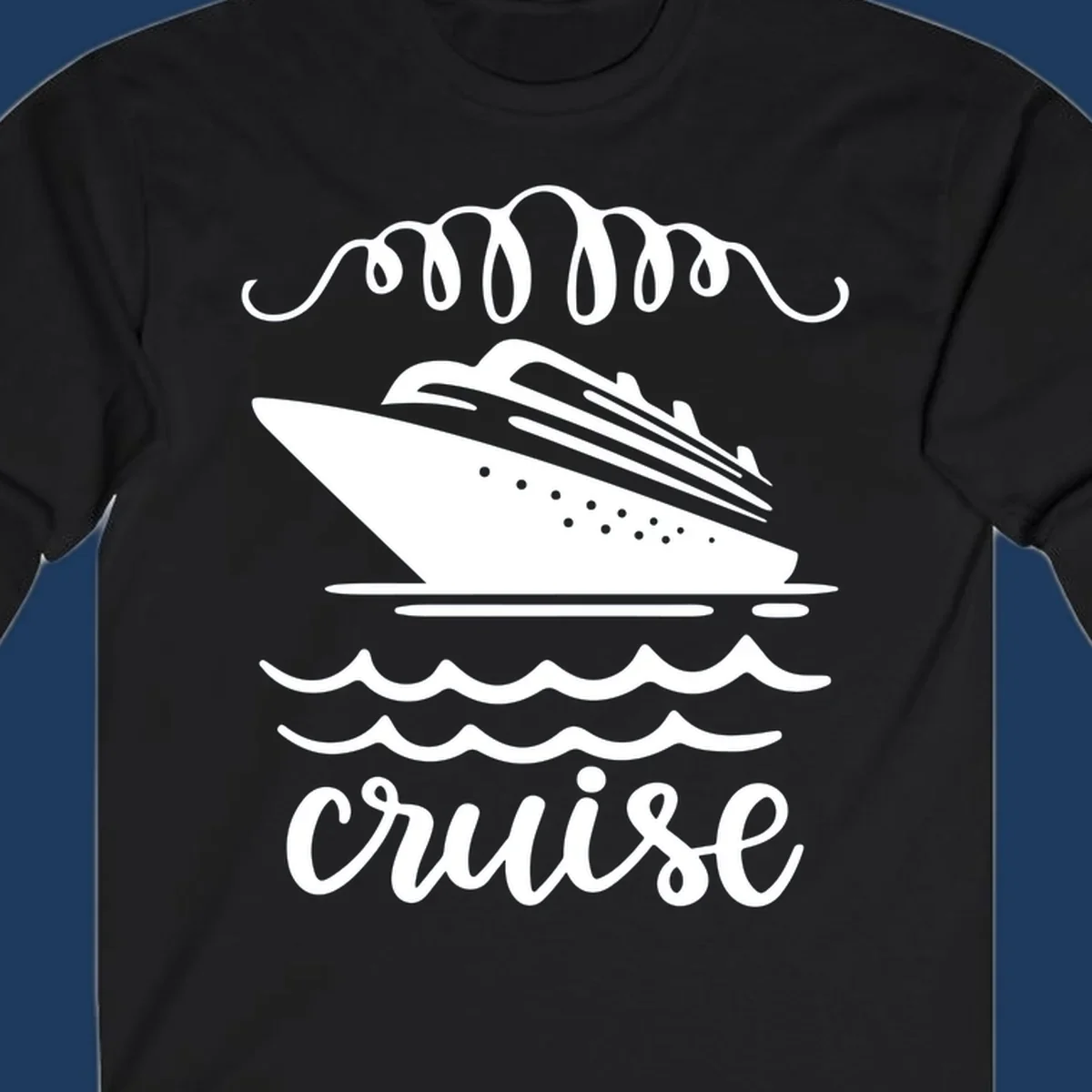 Cruise ship with ocean waves and decorative flourishes in white line art style with 'Cruise' text