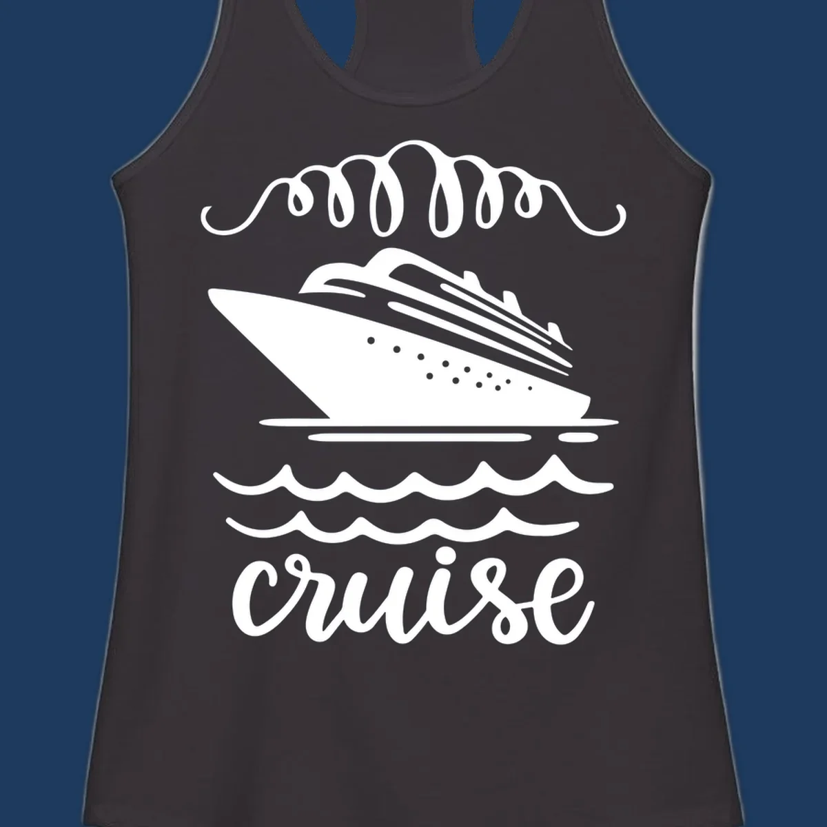 Cruise ship with ocean waves and decorative flourishes in white line art style with 'Cruise' text