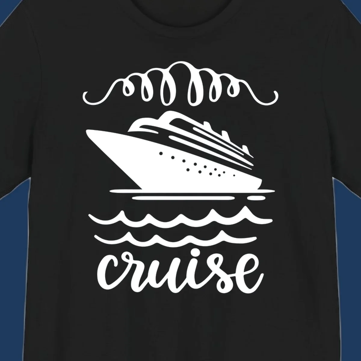 Cruise ship with ocean waves and decorative flourishes in white line art style with 'Cruise' text