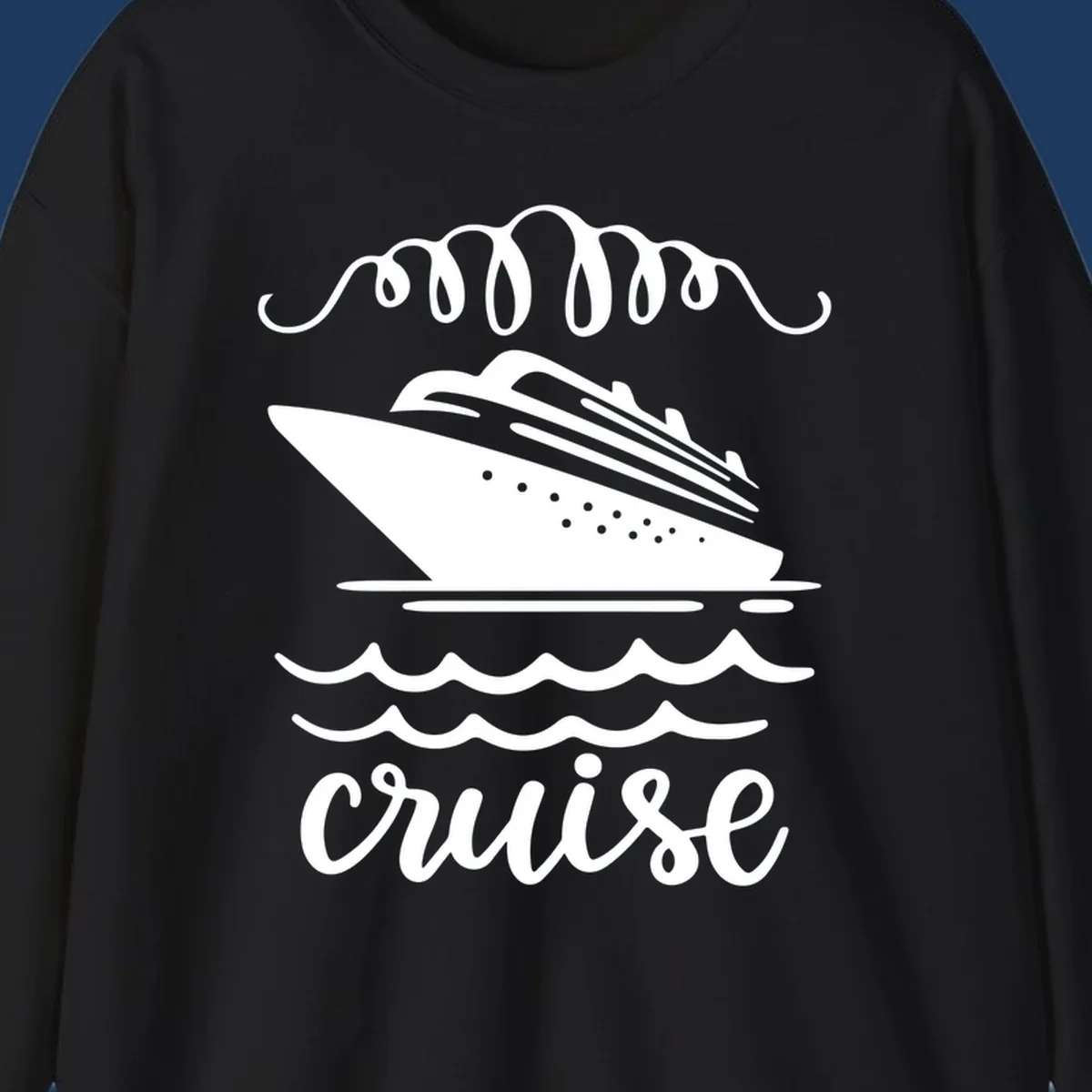 Cruise ship with ocean waves and decorative flourishes in white line art style with 'Cruise' text