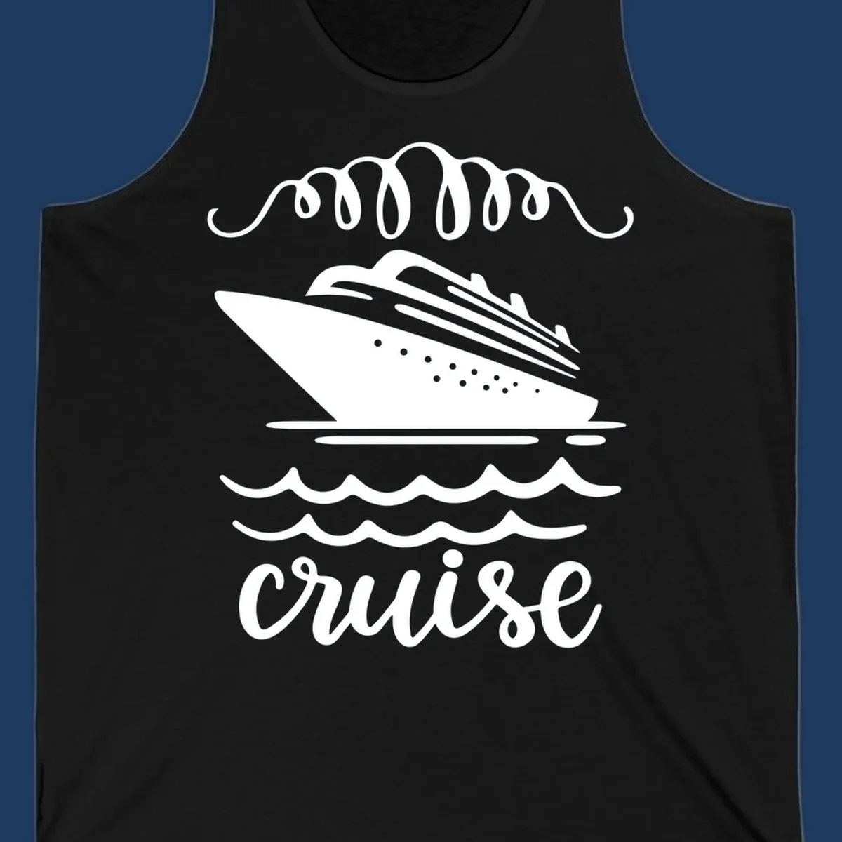 Cruise ship with ocean waves and decorative flourishes in white line art style with 'Cruise' text