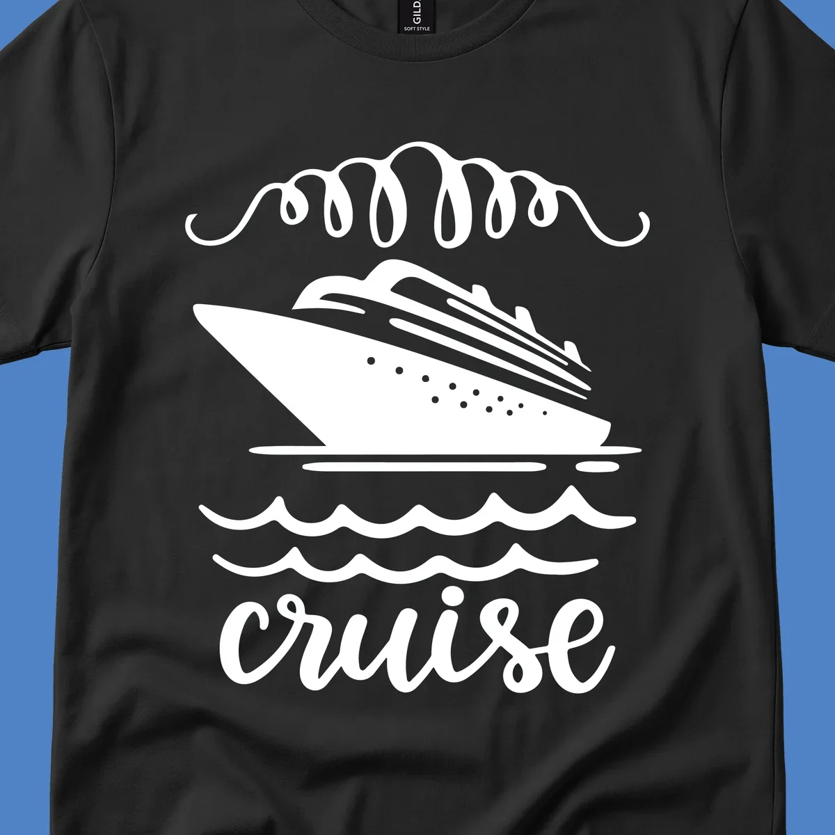 Cruise ship with ocean waves and decorative flourishes in white line art style with 'Cruise' text