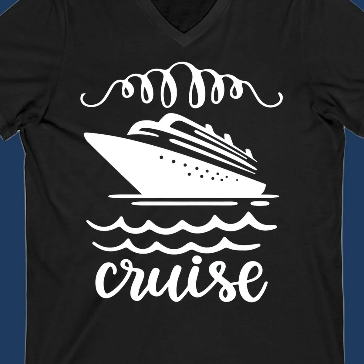 Cruise ship with ocean waves and decorative flourishes in white line art style with 'Cruise' text