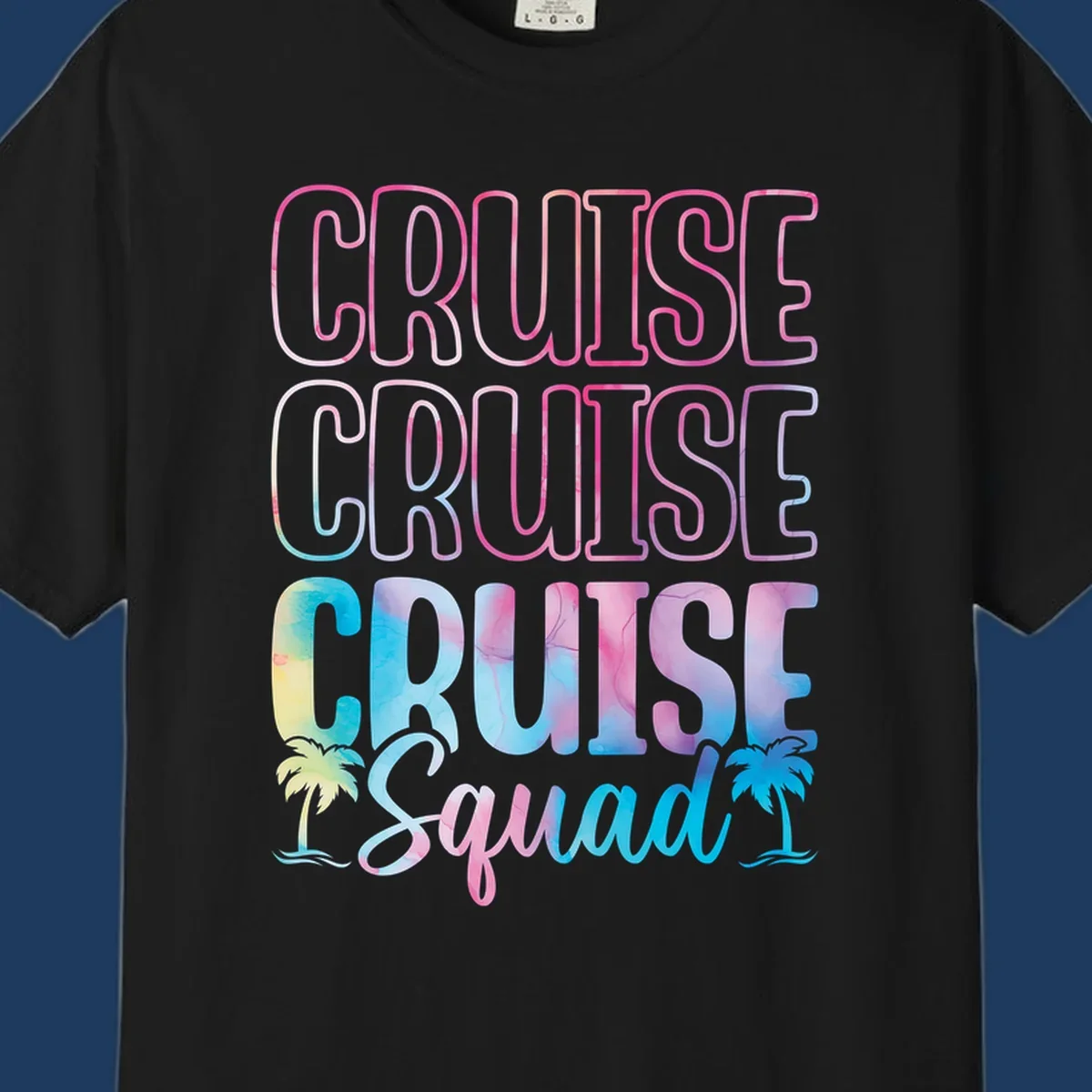 Cruise squad vacation design with neon pink and watercolor gradient text, tropical palm trees, and vibrant colors on gray background