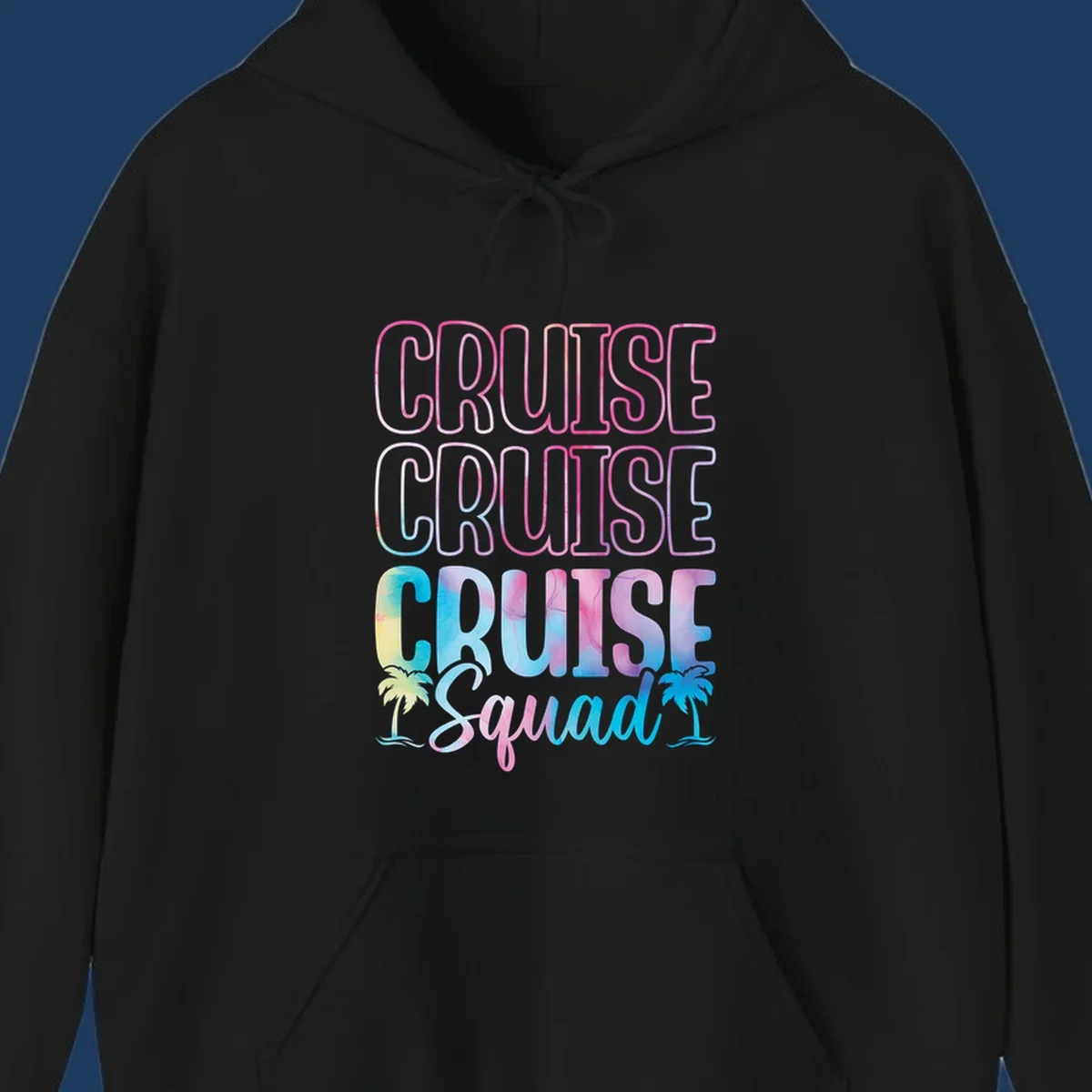 Cruise squad vacation design with neon pink and watercolor gradient text, tropical palm trees, and vibrant colors on gray background
