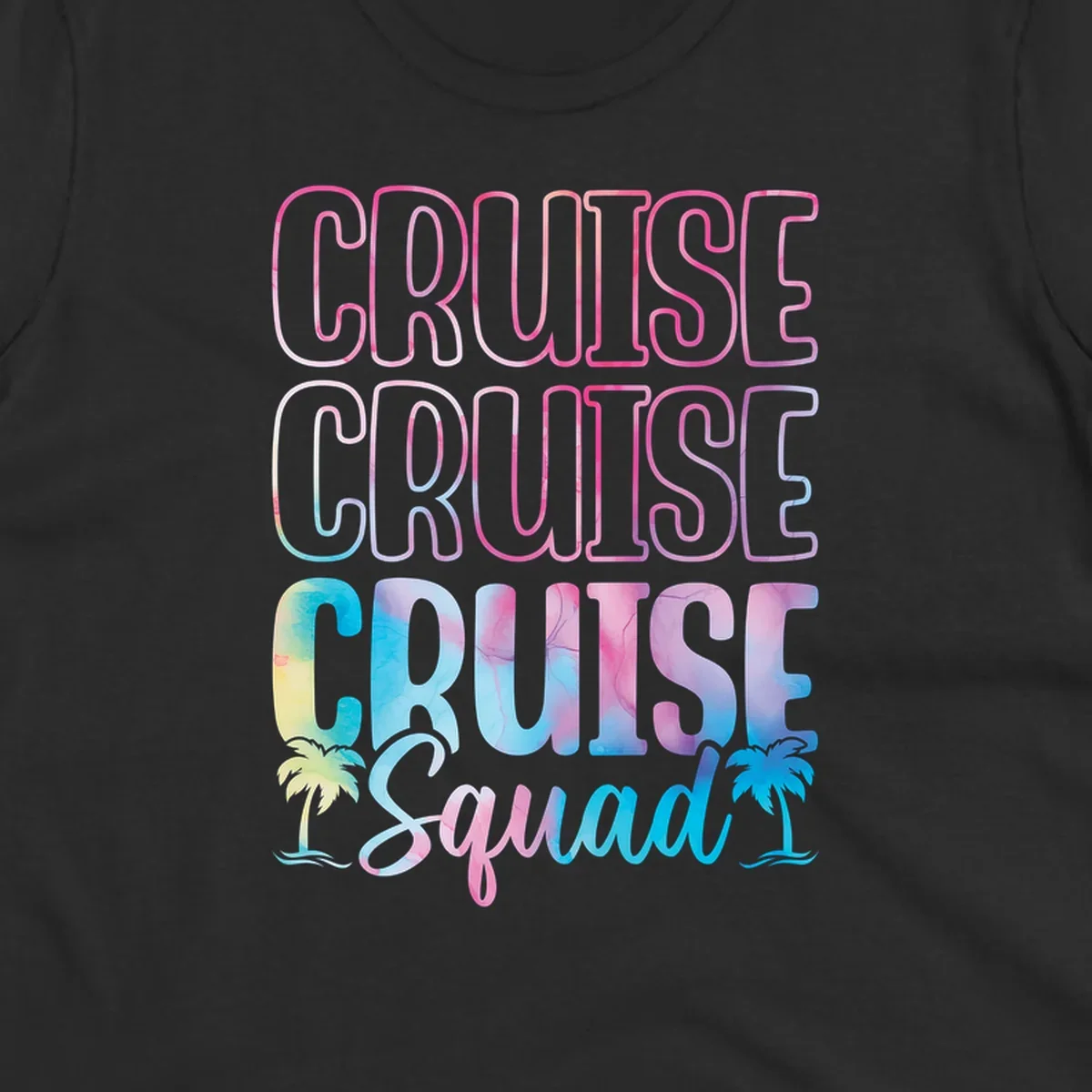 Cruise squad vacation design with neon pink and watercolor gradient text, tropical palm trees, and vibrant colors on gray background