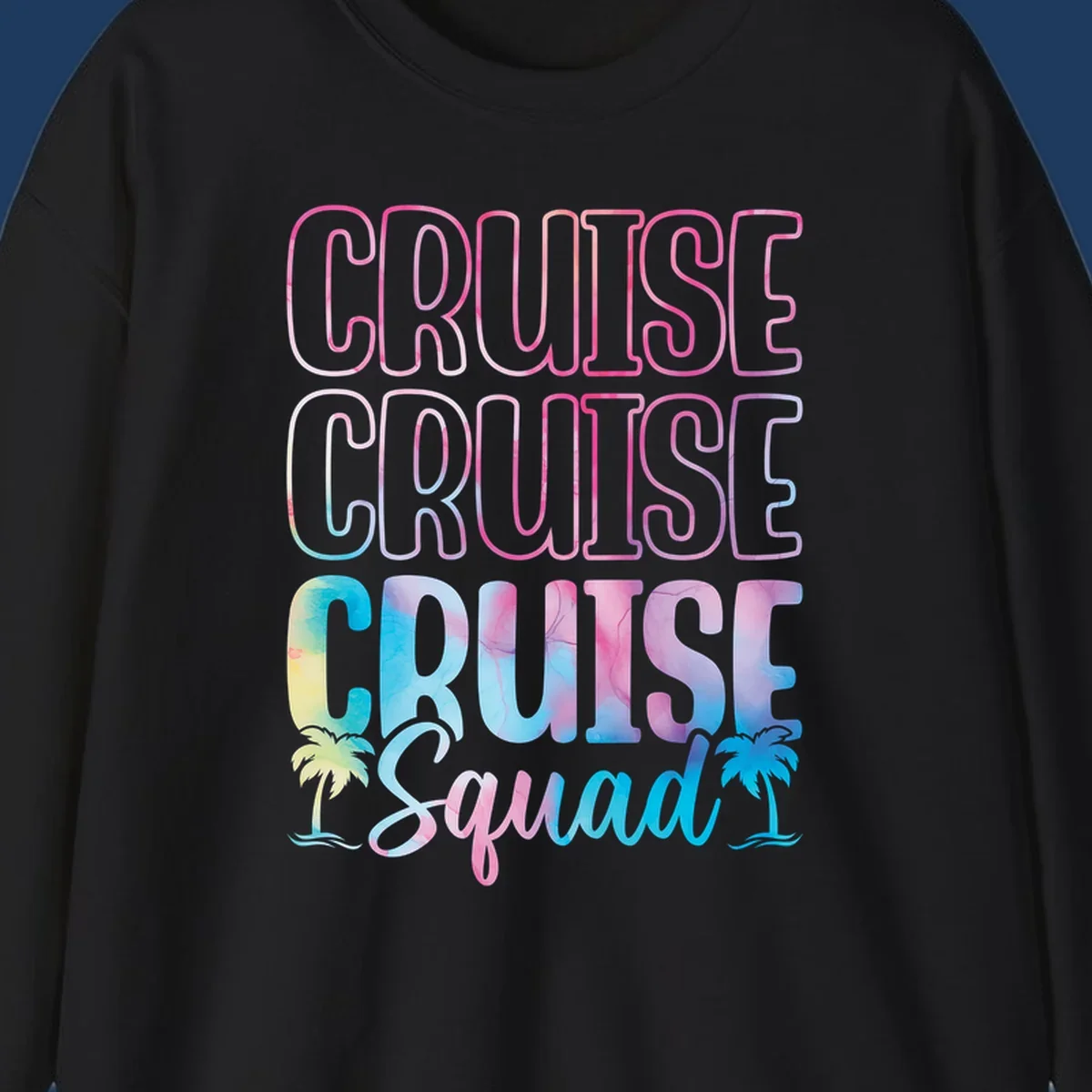 Cruise squad vacation design with neon pink and watercolor gradient text, tropical palm trees, and vibrant colors on gray background