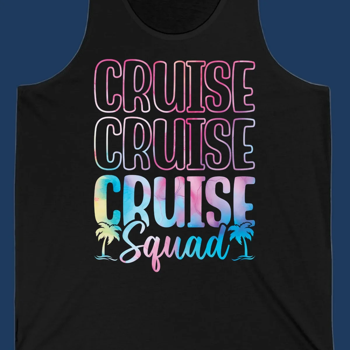 Cruise squad vacation design with neon pink and watercolor gradient text, tropical palm trees, and vibrant colors on gray background