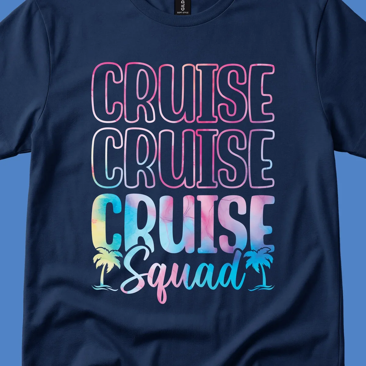 Cruise squad vacation design with neon pink and watercolor gradient text, tropical palm trees, and vibrant colors on gray background