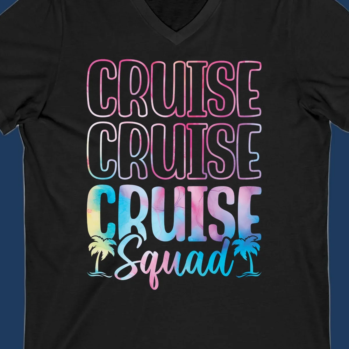 Cruise squad vacation design with neon pink and watercolor gradient text, tropical palm trees, and vibrant colors on gray background