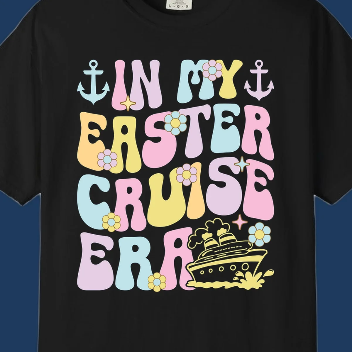 Colorful illustrated text reading 'IN MY CRUISE ERA' with nautical anchors, flowers, stars, and a cruise ship graphic on gray background