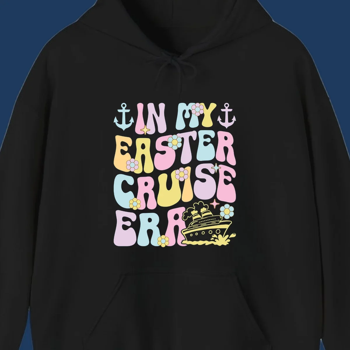 Colorful illustrated text reading 'IN MY CRUISE ERA' with nautical anchors, flowers, stars, and a cruise ship graphic on gray background