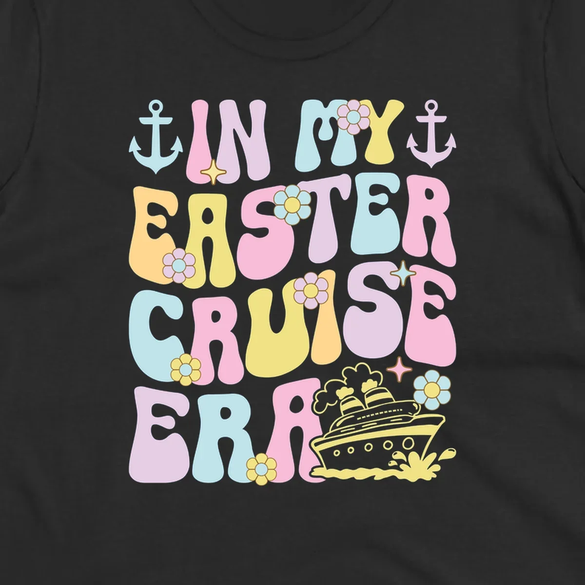 Colorful illustrated text reading 'IN MY CRUISE ERA' with nautical anchors, flowers, stars, and a cruise ship graphic on gray background