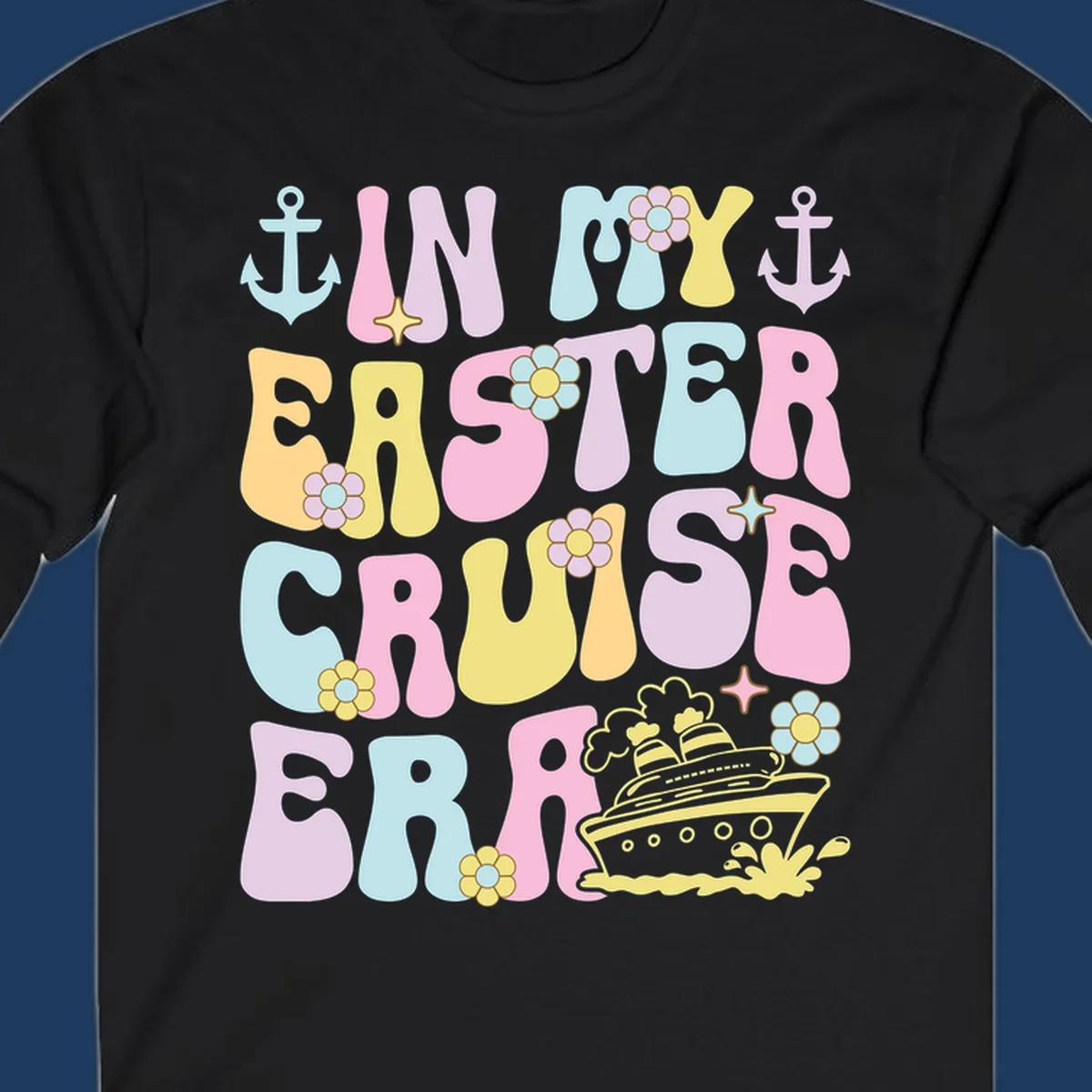 Colorful illustrated text reading 'IN MY CRUISE ERA' with nautical anchors, flowers, stars, and a cruise ship graphic on gray background