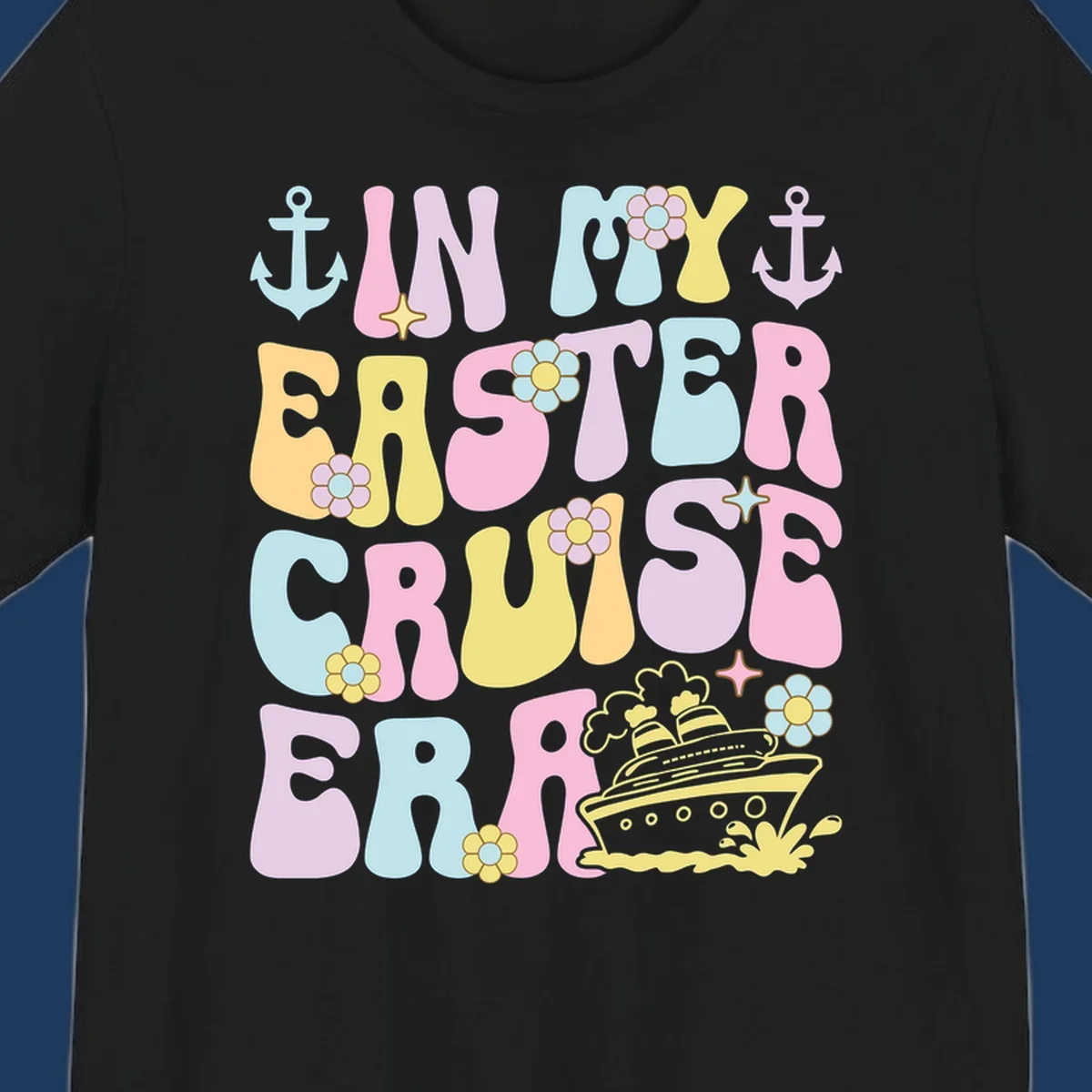 Colorful illustrated text reading 'IN MY CRUISE ERA' with nautical anchors, flowers, stars, and a cruise ship graphic on gray background