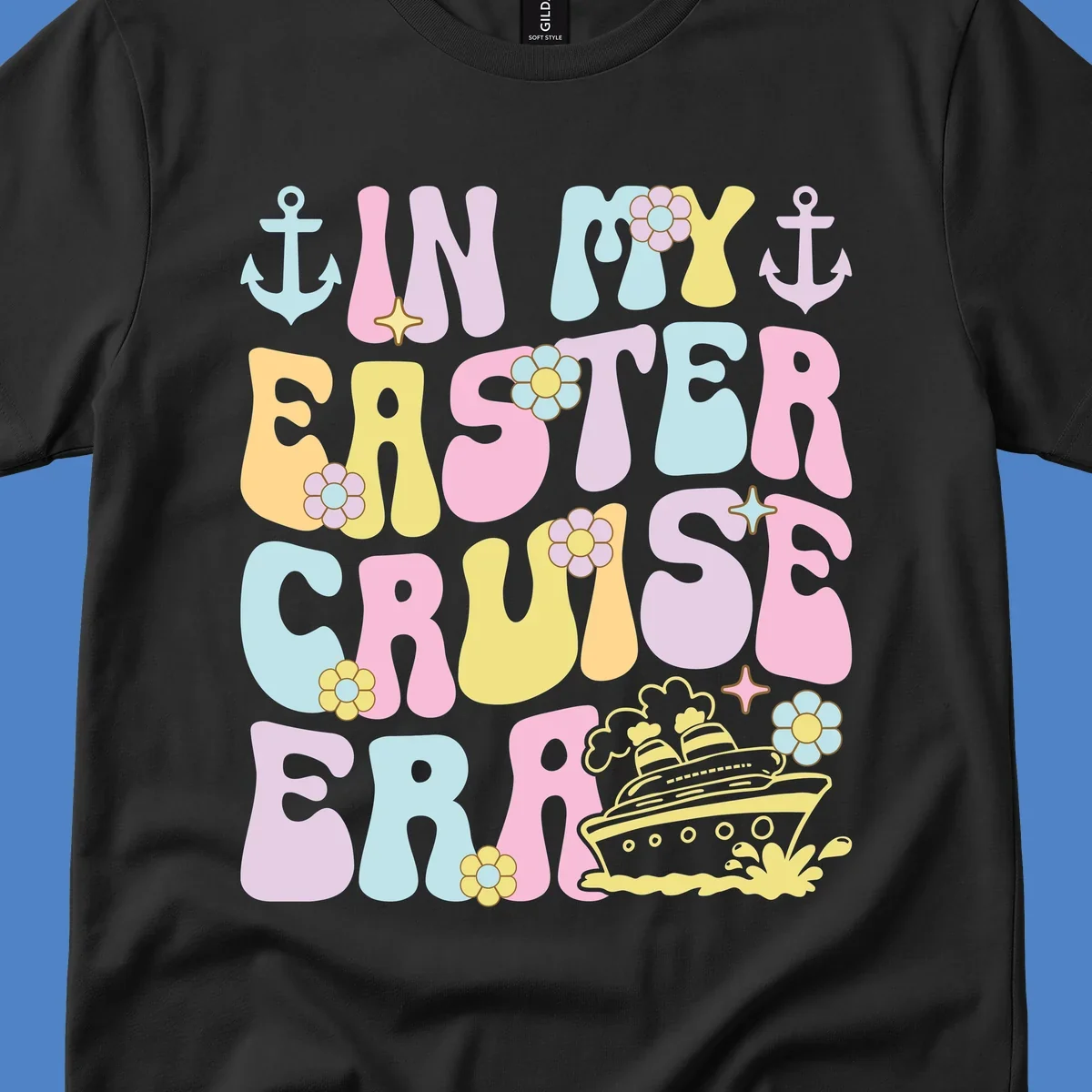 Colorful illustrated text reading 'IN MY CRUISE ERA' with nautical anchors, flowers, stars, and a cruise ship graphic on gray background