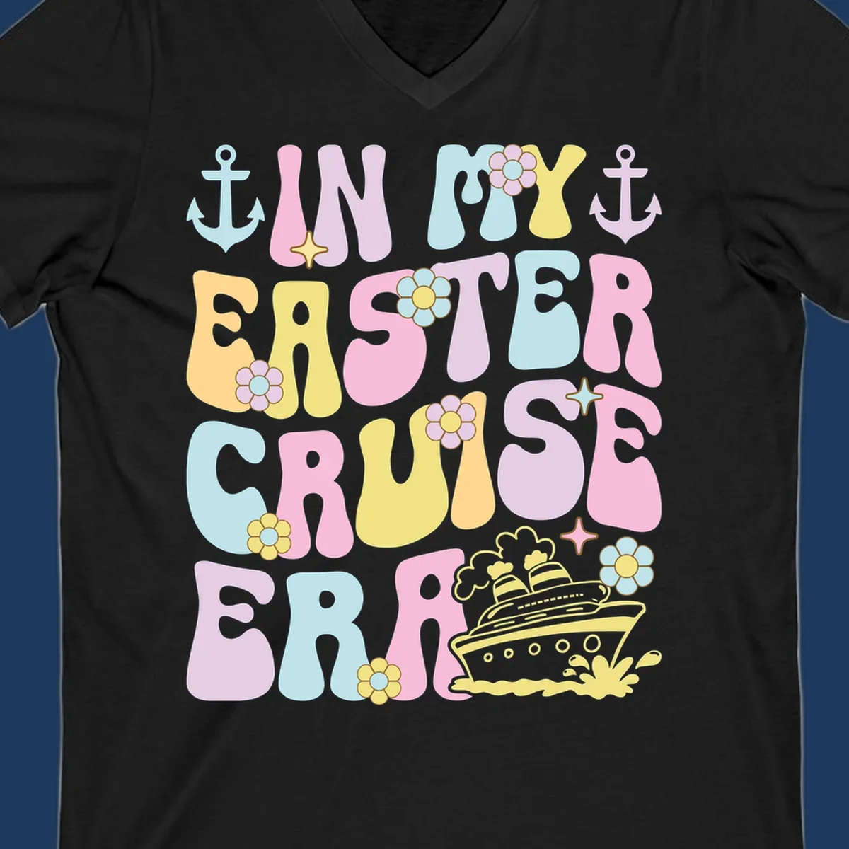 Colorful illustrated text reading 'IN MY CRUISE ERA' with nautical anchors, flowers, stars, and a cruise ship graphic on gray background