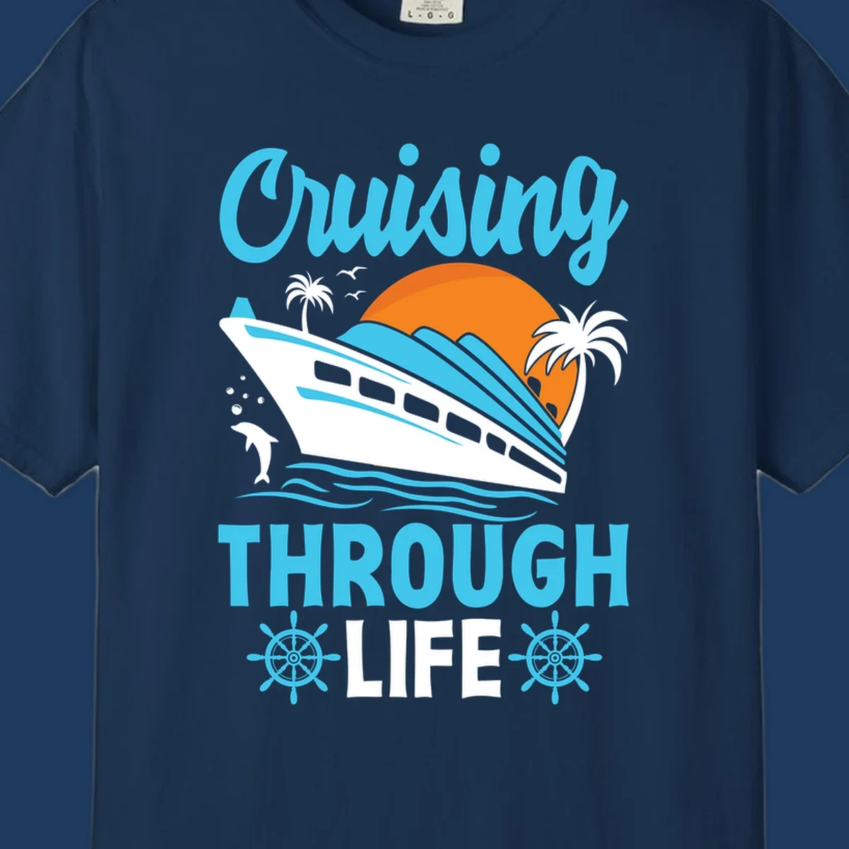 Cruising through life design: illustrated cruise ship sailing toward sunset with ocean waves, palm trees, and nautical elements in cyan, blue, and orange