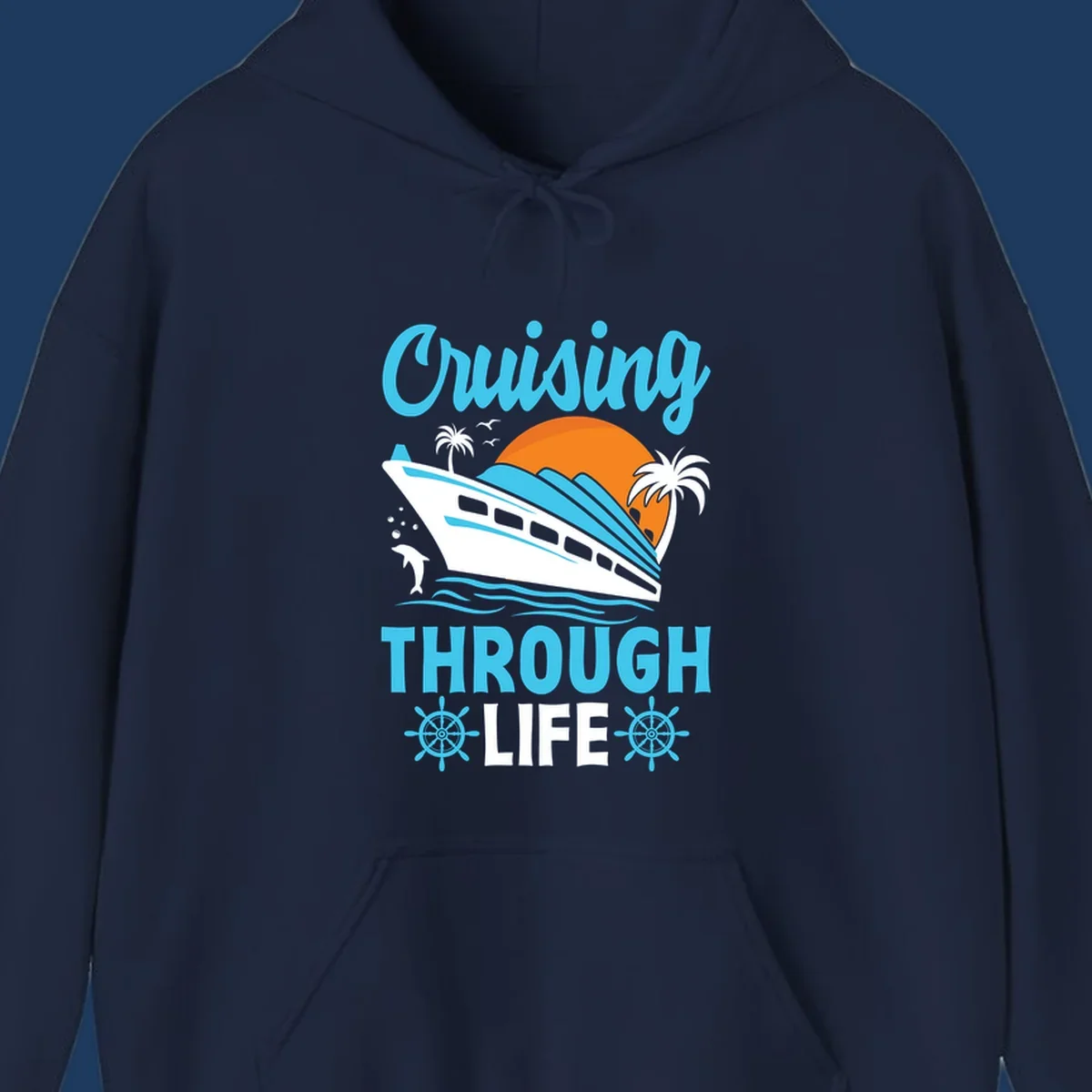 Cruising through life design: illustrated cruise ship sailing toward sunset with ocean waves, palm trees, and nautical elements in cyan, blue, and orange