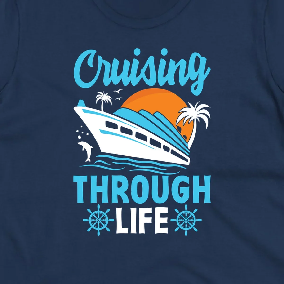 Cruising through life design: illustrated cruise ship sailing toward sunset with ocean waves, palm trees, and nautical elements in cyan, blue, and orange