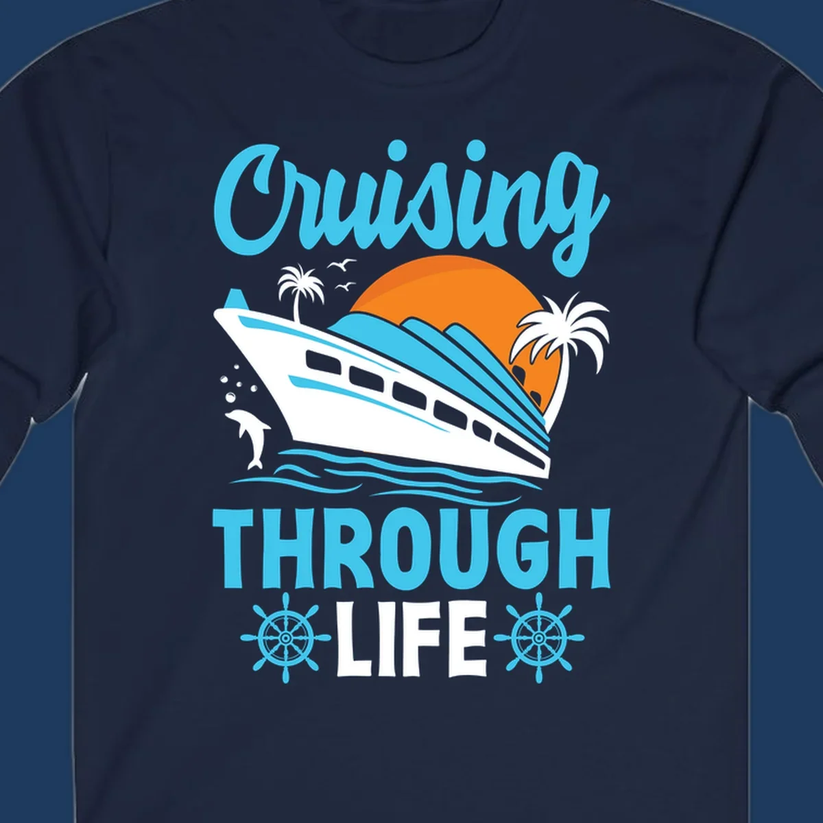 Cruising through life design: illustrated cruise ship sailing toward sunset with ocean waves, palm trees, and nautical elements in cyan, blue, and orange