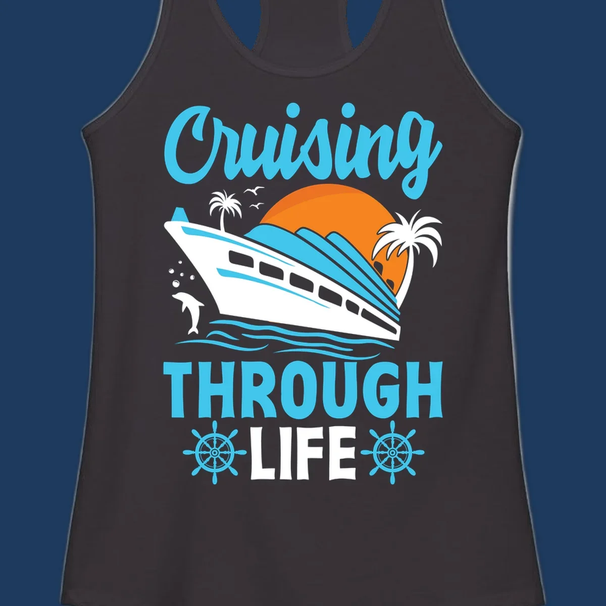 Cruising through life design: illustrated cruise ship sailing toward sunset with ocean waves, palm trees, and nautical elements in cyan, blue, and orange