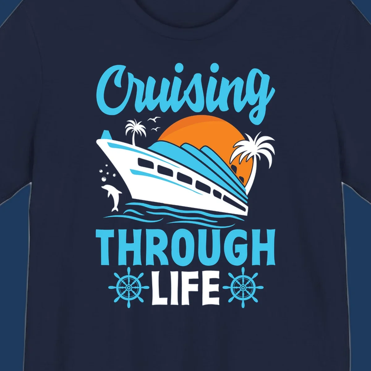Cruising through life design: illustrated cruise ship sailing toward sunset with ocean waves, palm trees, and nautical elements in cyan, blue, and orange