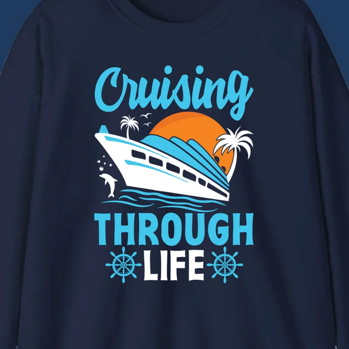 Cruising through life design: illustrated cruise ship sailing toward sunset with ocean waves, palm trees, and nautical elements in cyan, blue, and orange