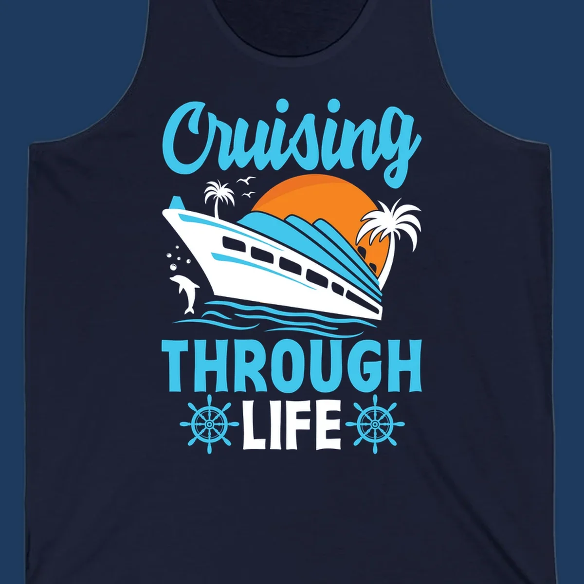 Cruising through life design: illustrated cruise ship sailing toward sunset with ocean waves, palm trees, and nautical elements in cyan, blue, and orange