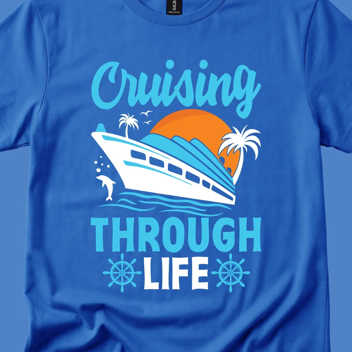 Cruising through life design: illustrated cruise ship sailing toward sunset with ocean waves, palm trees, and nautical elements in cyan, blue, and orange