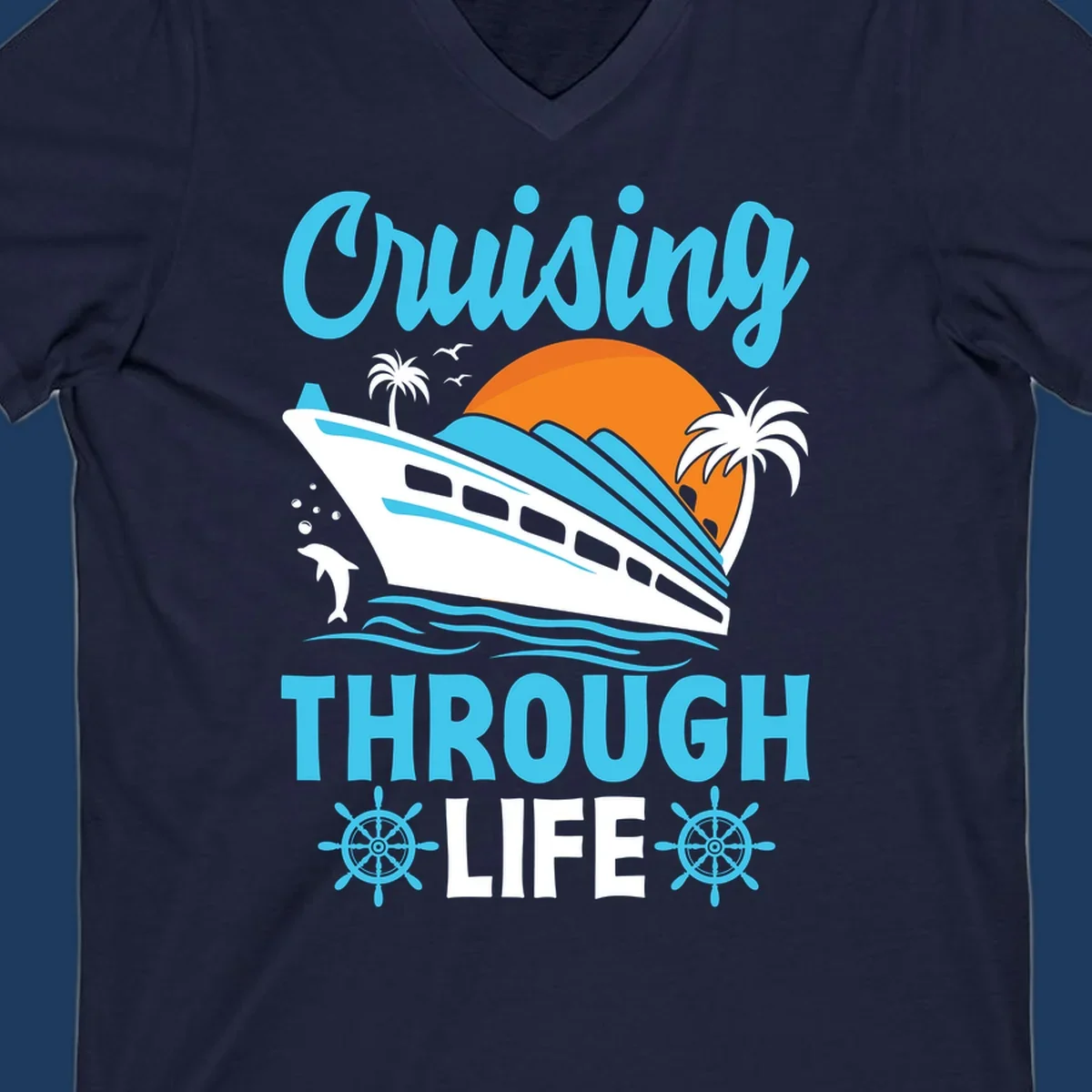 Cruising through life design: illustrated cruise ship sailing toward sunset with ocean waves, palm trees, and nautical elements in cyan, blue, and orange