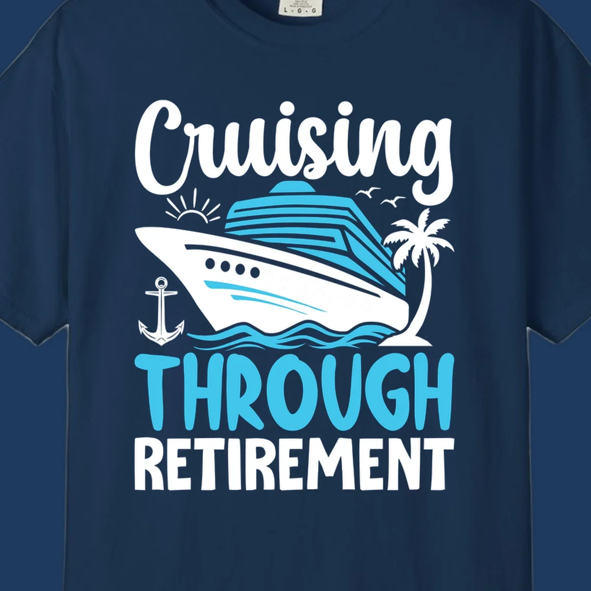 Cruising through retirement design with cruise ship, palm tree, anchor, waves, sun and seagulls in white and blue on gray background