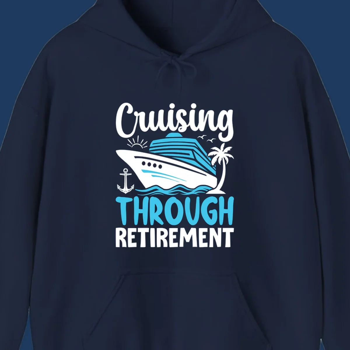 Cruising through retirement design with cruise ship, palm tree, anchor, waves, sun and seagulls in white and blue on gray background